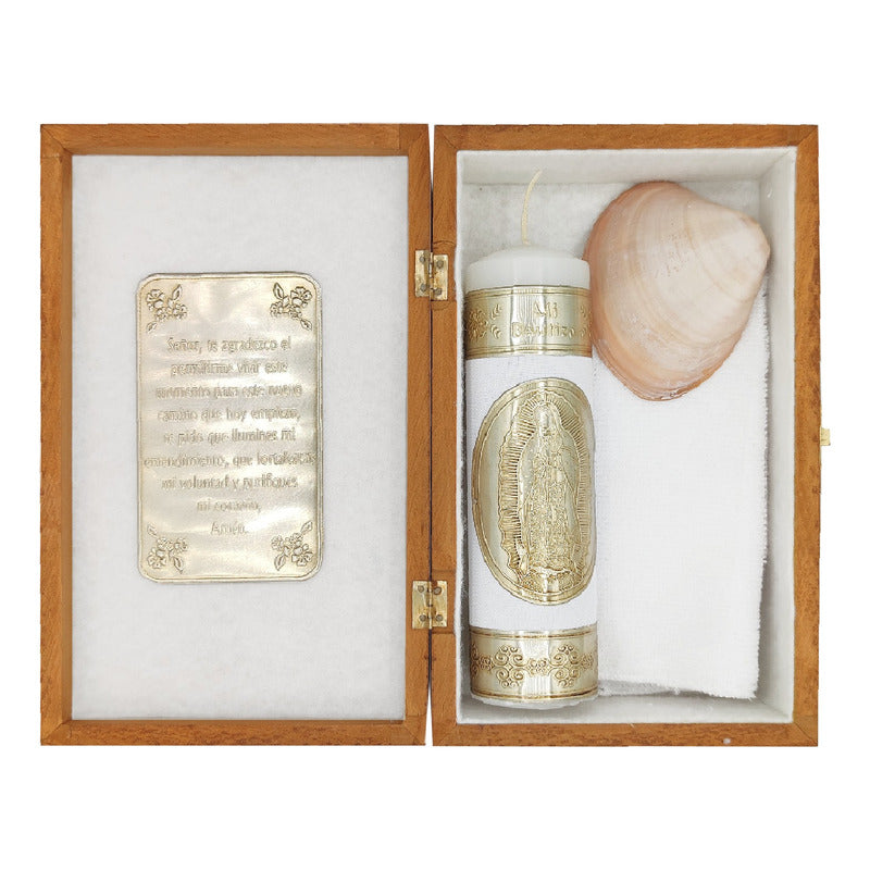 Set Para Bautizo Vela+concha+toalla+caja De Madera