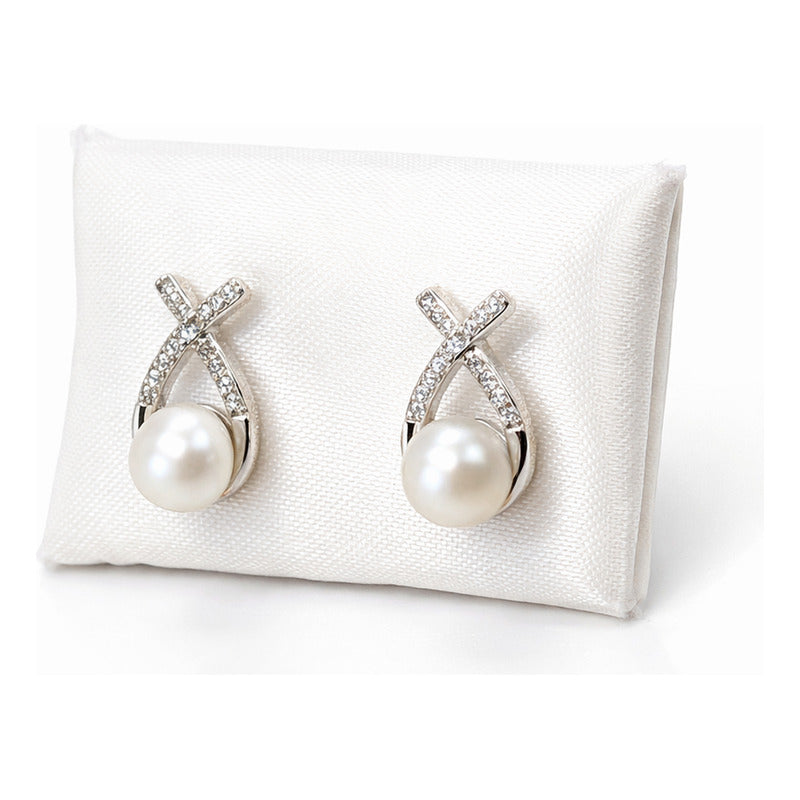 Aretes Elegantes Perla Cruzada Para Mujer Bisutería Fina Crema