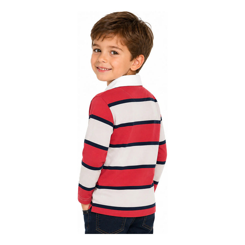 Playera Polo Casual Para Niño Mod.3111 Marca Mayoral® Tomate 9 Años Rayas