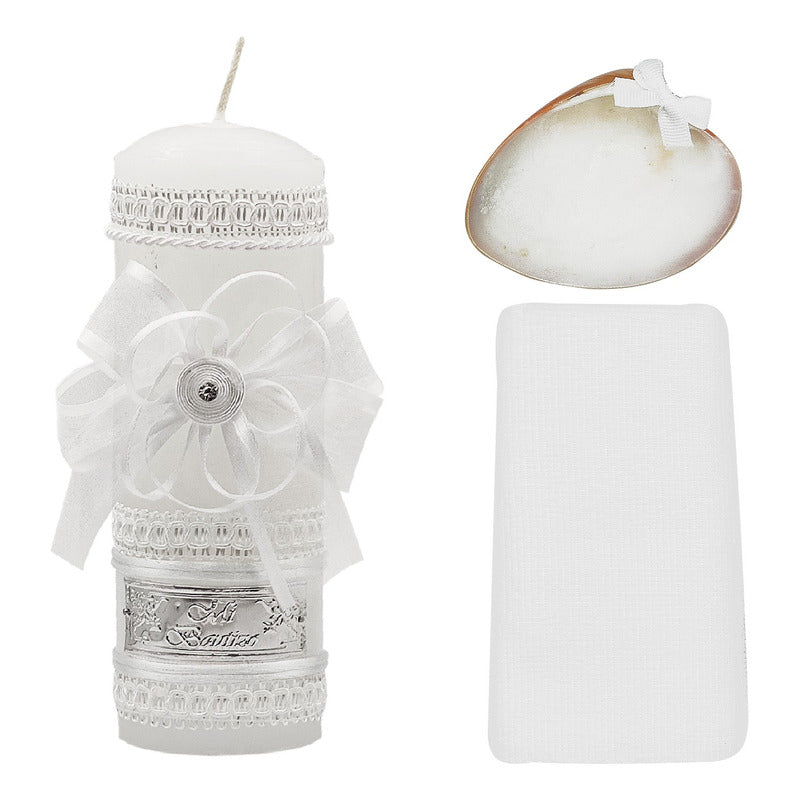 Set Para Bautizo Vela+concha+toalla+caja De Madera