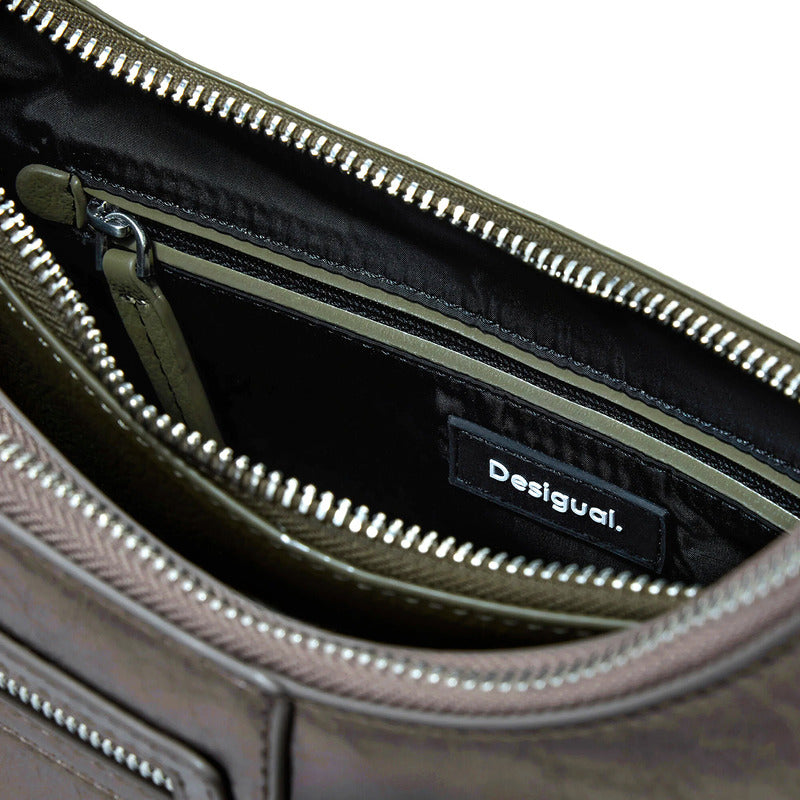 Bolso Doble Para Dama Mod. 25waxpah Marca Desigual® Verde Musgo/ Níquel Lisa Níquel Verde Musgo