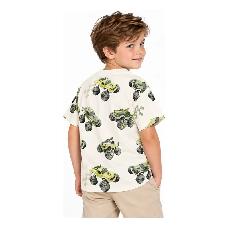 Playera Casual Para Niño Mod.3068 Marca Mayoral® Blanco Monster Truck 3 Años Lisa