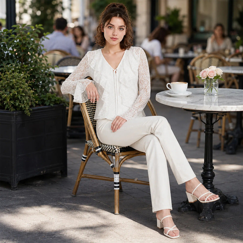 Blusa Tipo Encaje Para Mujer Mod. Mj725 Marca Julys® Blanco Encaje G