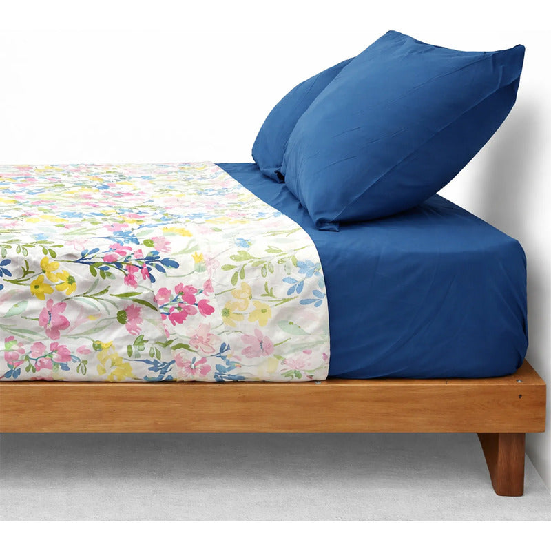 Juego De Sabanas Matrimonial 6pz Tacto Algodón Ultra Suave Multicolor Azul Flores