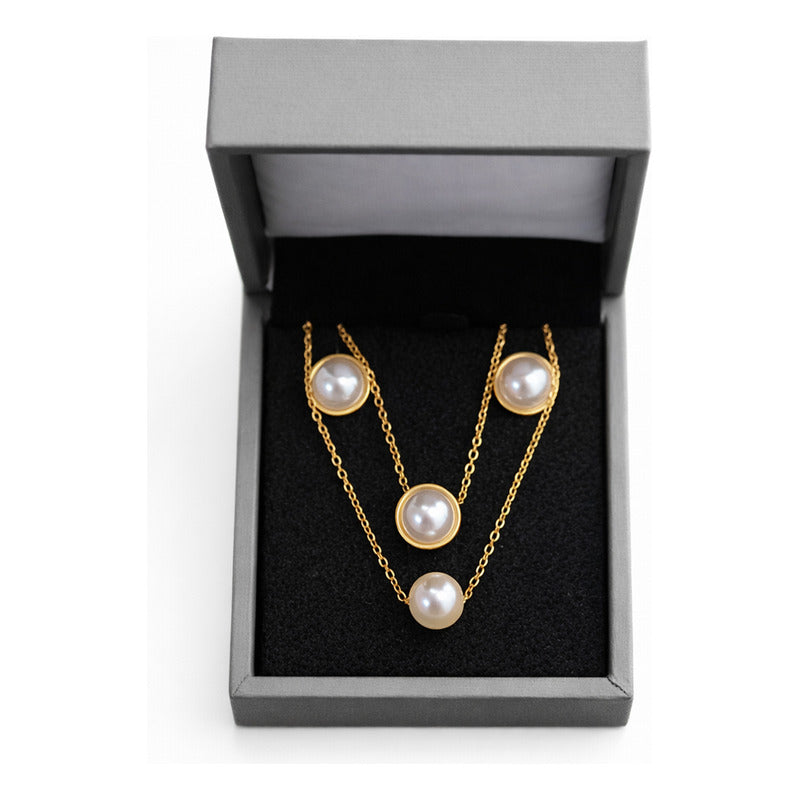 Set Joyería Elegante Para Mujer Collar Y Aretes Perlas Dorado