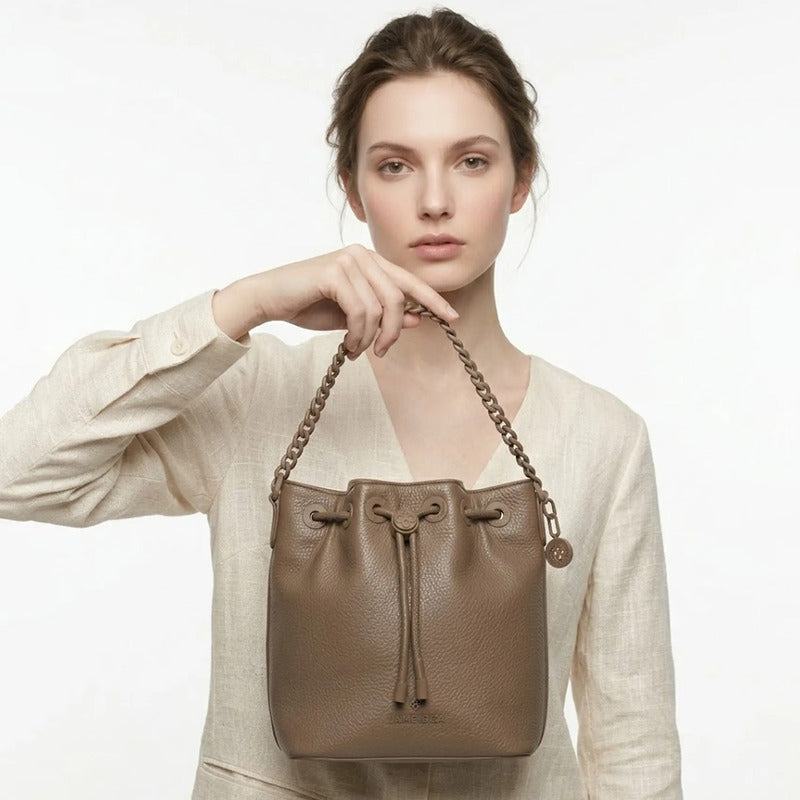 Bolso Bucket Para Mujer Mod. Ji 2816 Marca Jaime Ibiza® Marrón Oscuro Lisa Níquel
