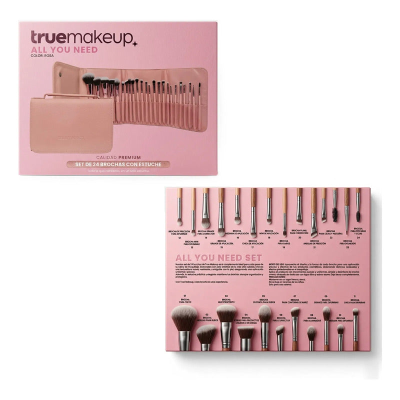 Set De Brochas 24pz Con Estuche Para Viaje True Makeup® Rosa