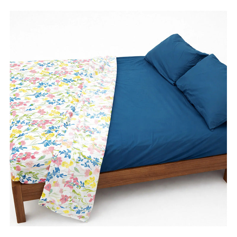 Juego De Sabanas Matrimonial 6pz Tacto Algodón Ultra Suave Multicolor Azul Flores
