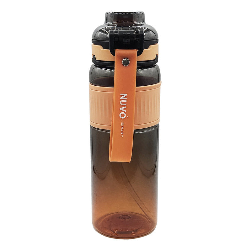 Botella Con Correa 1lt Con Popote Marca Nuvó® Sport Negro-naranja