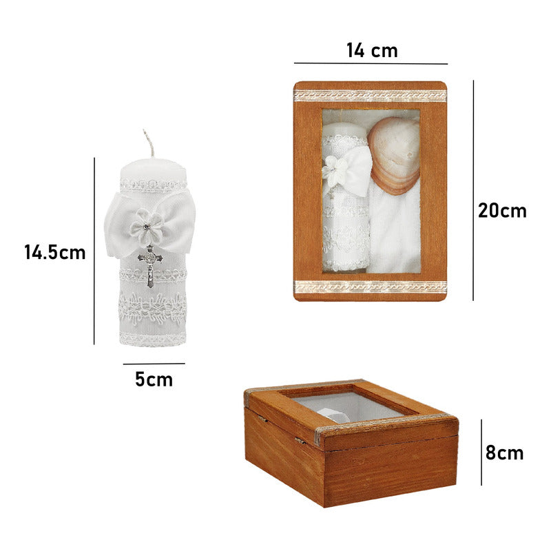 Set Para Bautizo Vela+concha+toalla+caja De Madera