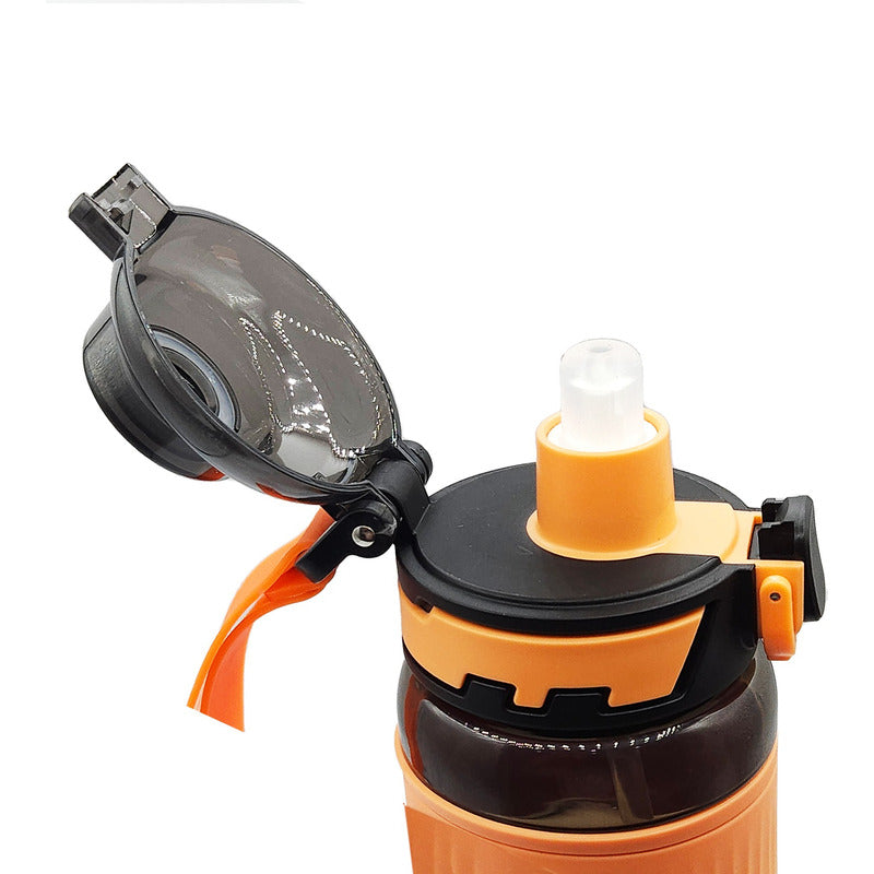 Botella Con Correa 1lt Con Popote Marca Nuvó® Sport Negro-naranja